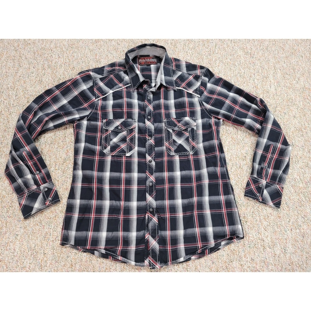 Rock & Roll Cowboy Shirt Mens XL Black Grey Plaid Snap Button Grunge Western